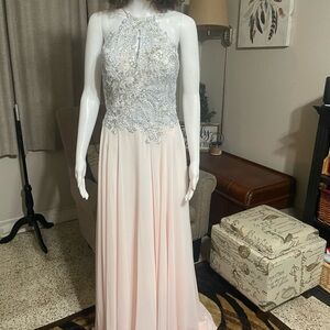 Jovani Light Pink and Gray Lace Maxi Dress